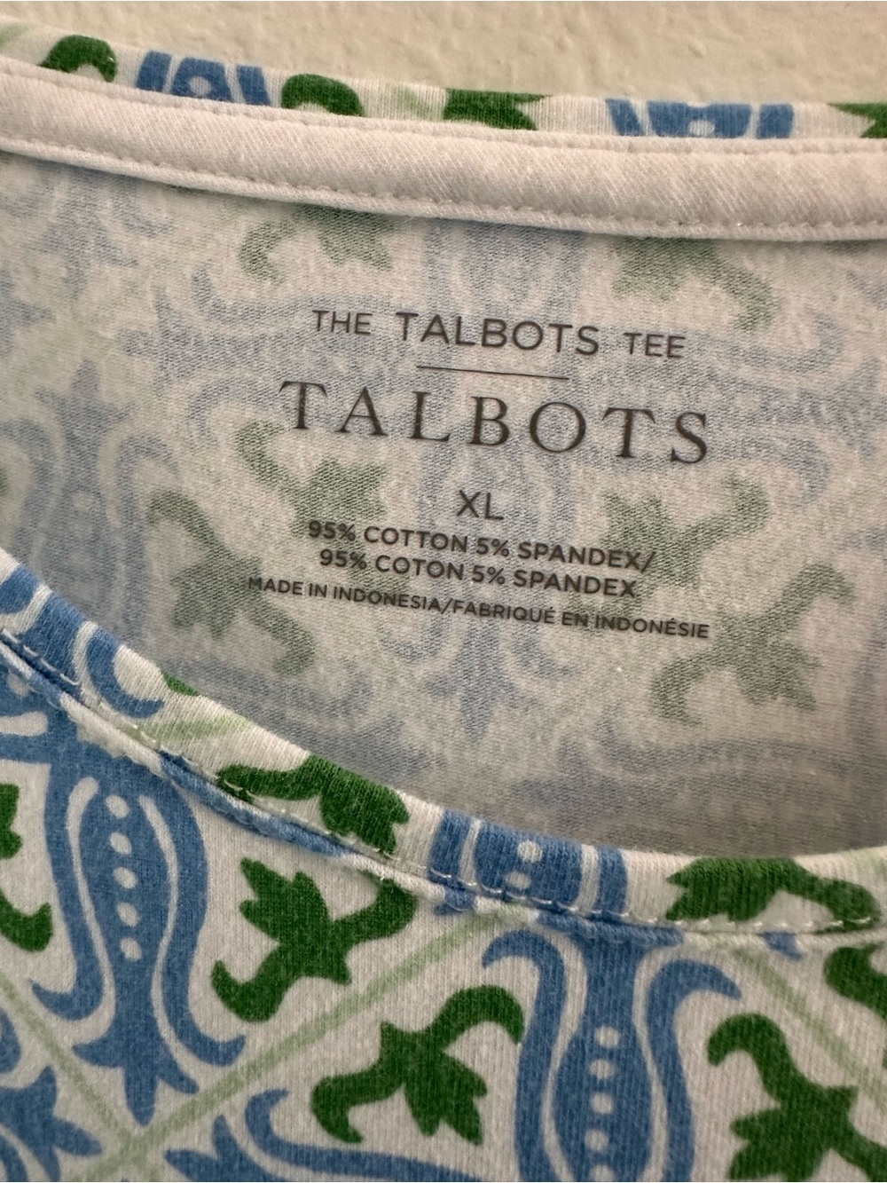 Talbots Blue and Green Printed Crewneck Summer Tee, XL - Picture 3 of 7